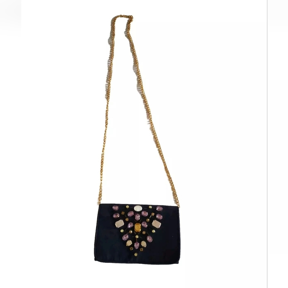 Anthropologie Shiraleah Bag Blue Velvet Gems Sequins Gold Chain Shoulder Purse